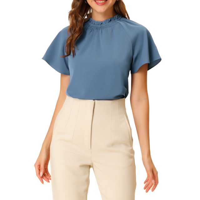 INSPIRE CHIC Women's Ruched Ruffled Neck Keyhole Back Blouse Blue Gray XS