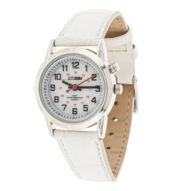 Globlu Ladies Easy Read White Strap Analog Watch with a silver polished 30mm round case, white glossy dial with full black numbers and red inner military numbers, black hour and minute hands, red second hand, and EL backlight, featuring a white PU strap with secured clasp and 100 ft water resistance, suitable for low-light use.