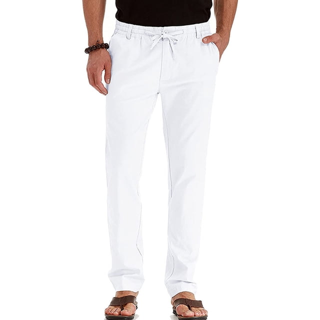 MAWCLOS Mens Trousers Elastic Waist Pants Drawstring Bottoms Fitted Summer Solid Color Loungewear White S