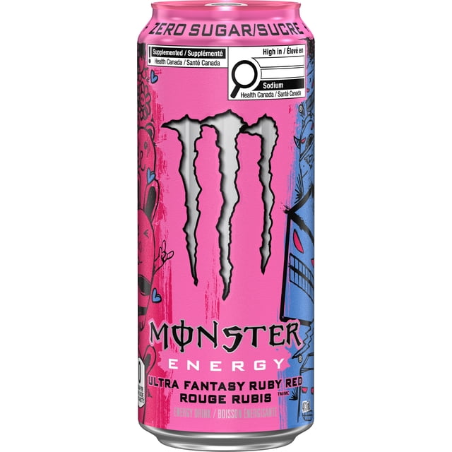 Monster Ultra Ruby Red energy drink can with pink and blue graffiti-style artwork, silver Monster claw logo, zero sugar label, and 473 ml volume, highlighting its light, citrusy ruby red flavor and sodium content warning per Health Canada standards.