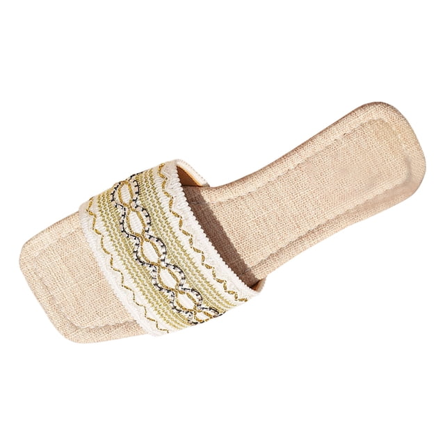 IUJSOY Womens Single Embroidery Band Slides Sandals Square Open Toe Slip on Summer Beach Flat Sandal