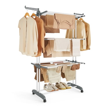SONGMICS Clothes Drying Rack Stand 4-Tier, Foldable Laundry Drying Rack 68.1-Inch Tall, Stainless Steel, Rolling Clothes Horses Dryer Rack, Easy to Assemble, Indoor Outdoor Use, White