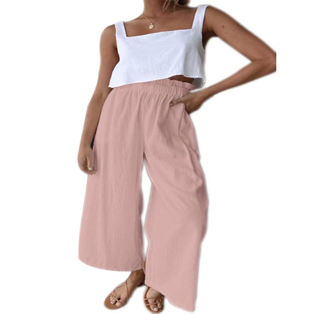 Women Ruffled Wide-leg Pants Summer Casual Loose High Waist Solid Color Trousers