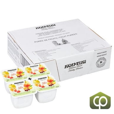 Kontiki Purée Tropicale 100 ml (48/caisse) - 13 Lb. un Caisse de 48 Coupes de Purée de Fruits Tropicaux, Chaque 100 ml, Montré avec l'Étui Principal et des Coupes Individuelles. les Coupes Présentent des Images Colorées de Fruits Tropicaux sur les Étiquettes, Mettant en Valeur Leurs Saveurs Vibrantes. Parfait pour les Collations, les Dîners d'École Ou comme Garniture de dessert.