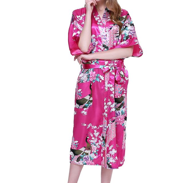 Penkiiy Peignoirs en Soie Simulée pour Femmes Peignoirs pour Femmes Kimono Paon Longue Robe de Chambre Robe Japonaise Robe TG Rose Vif