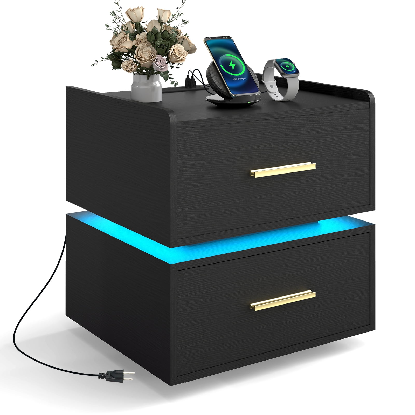 Costway 1 PCS Nightstand with Charging Station,LED Bedside Table with 2 Storage Drawers,Black