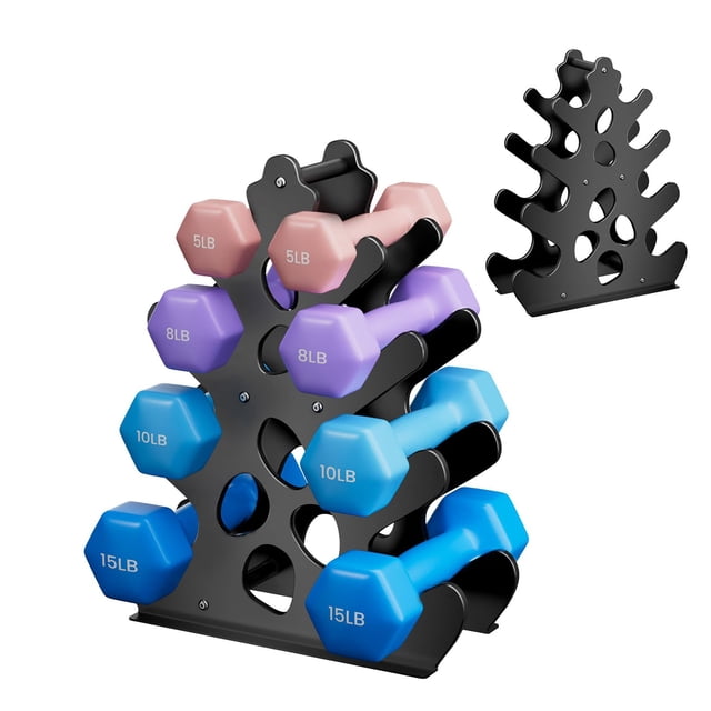 Home Gym Dumbbell Storage Rack in an iron corals style design, featuring a stable load-bearing steel structure with a matte black finish. The multi-layered rack holds various dumbbell sizes, including 5 lb, 8 lb, 10 lb, and 15 lb weights, organized in a compact, space-saving layout. The rack includes a slip-resistant base for added stability and is suitable for home gyms, living rooms, or fitness areas.
