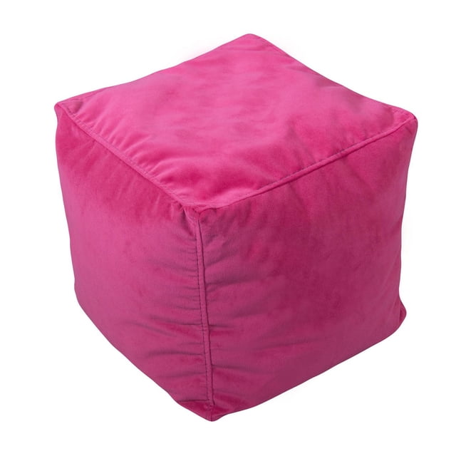 ComfyKids® Cubes bright pink micro plush polyester cube ottoman with double-stitched seams, shown in a front 3/4 view on white background, ideal as lightweight extra seating in living room furniture or playrooms for children.