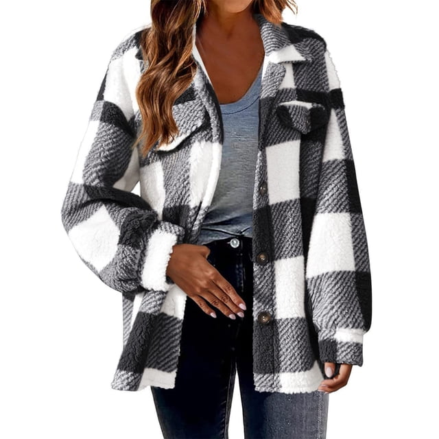 Timegard Womens Jacket Plus Size Plaid Stand Collar Button down Fleece Hooded Jacket Winter Fuzzy Warm Coat