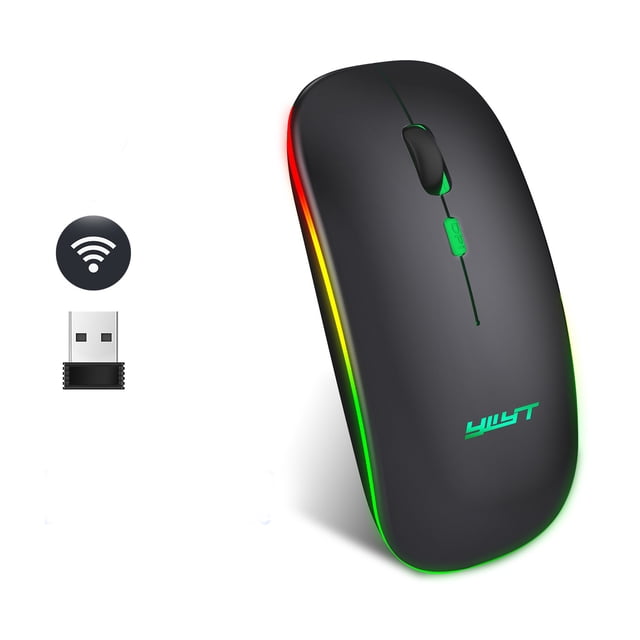 Wireless Bluetooth Mouse, Rechargeable USB Optical Mouse with LED slim design, shown in a sleek black finish with colorful luminous side lighting. Features a 2.4G wireless connection, built-in rechargeable battery, and ergonomic slim design. Includes a USB receiver and charging cable, compatible with laptops, PCs, Mac OS, Android, and Windows. Offers 1600 DPI high resolution, mute keys, and adjustable speed levels for precise tracking.