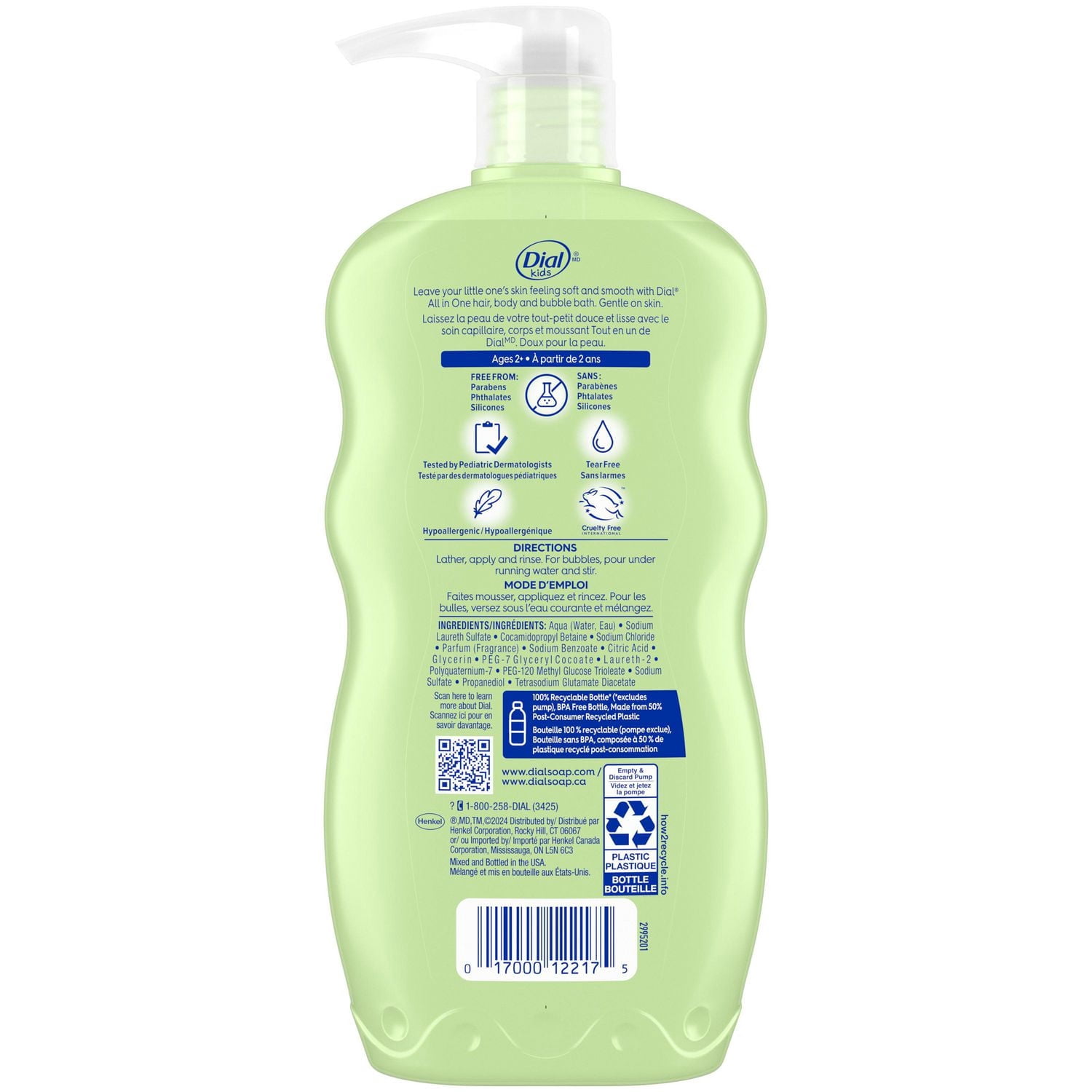 Nettoyant pour les cheveux et le corps et bain moussant tout-en-un Dial Kids, parfum de melon, 709 ml, hypoallergène, sans larmes, testé par des dermatologues, sans silicones, parabènes ni phtalates