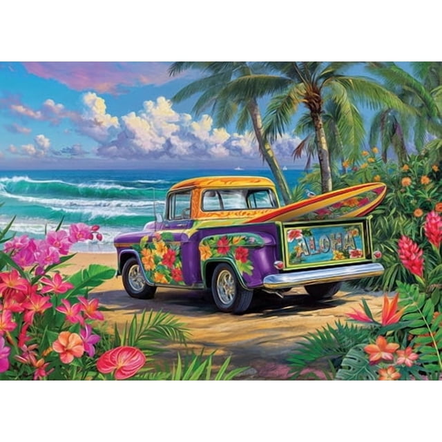 Cobble Hill 1000 Piece Puzzle - Aloha - Sample Poster Included. A vibrant illustration of a tropical beach scene featuring a colourful vintage truck adorned with floral patterns. The truck has a surfboard in the back and a license plate reading 'Aloha.' Surrounded by lush palm trees and tropical flowers, the scene captures a sunny day by the ocean with rolling waves under a blue sky. Made in North America with random-cut pieces and eco-friendly materials.