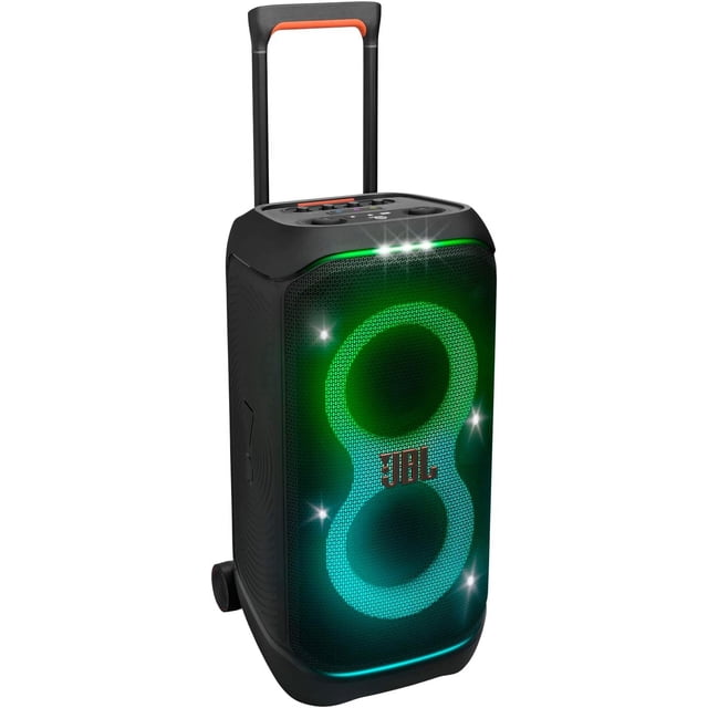 JBL PartyBox Stage 320 portable Haut-Parleur de Fête Noir avec Poignée Télescopique et Larges Roues, grille en Maille avant Éclairée par des Lumières DEL Vertes et Bleues Formant un 8, Boutons de Commande sur le Dessus, Conception Anti-Éclaboussures Idéale pour une Utilisation Intérieure et Extérieure.