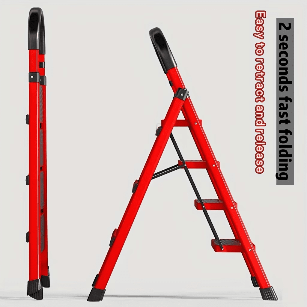 Heavy-duty red 4-step portable folding ladder, supports 500 lbs, made of durable steel, foldable, lightweight, and easy to carry
