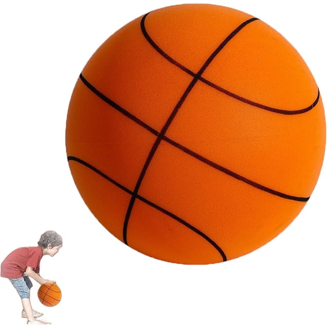 LAICAIW Ballon de Basketball à Rebond Silencieux, Ballon de Basketball en Mousse Léger avec une Finition orange Vibrante et des Lignes Noires, Conçu pour un Rebond Silencieux et une Haute Résilience. Parfait pour une Utilisation Intérieure et Extérieure, Spécialement dans les Environnements Sensible au Bruit. l'Image Montre un Gros Plan du Ballon de Basketball aux Côtés d'Un Enfant Qui Pratique le Dribble, Mettant l'Accent sur Sa Conception Silencieuse et sur une Moulure Monobloc Écologique. Idéal pour l'Entraînement Intérieur des Enfants et les Activités de Groupe.