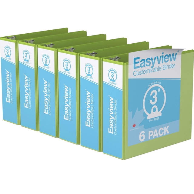 Davis Group Easyview Premium round ring customizable view binder 6 pack with 3-inch PVC-free rings and light green polypropylene covers with clear overlays for customization, arranged side by side showing front and spine labels, made in Canada, ideal for organizing manuals, projects, and reports.