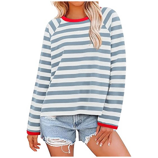 Hauts pour Femmes à Rayures Col Ras du Cou Manches Longues T-Shirts à Blocs de Couleur Automne Décontracté Ample Confortable Blouse