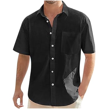 FAIWAD Mens Cotton Linen Shirts Button Down Short Sleeve T-Shirts Summer Casual Basic Beach Tops with Pocket
