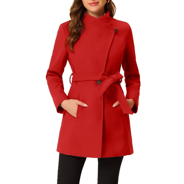 INSPIRE CHIC Manteau Trench Long Classique d'Hiver pour Femme à Col Montant avec Ceinture à Nouer TP Rouge
