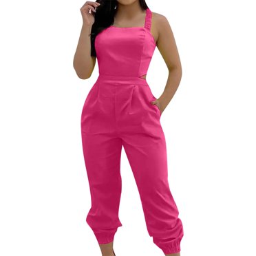 B91xZ Women's Overalls Casual Loose Bib Pants V Neck Oversized Overalls Jumper with Pockets,Hot Pink L