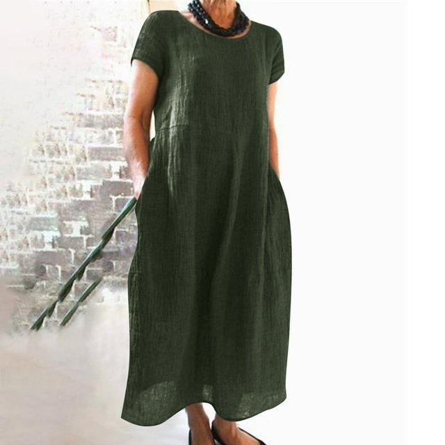 Robe Midi Décontractée à Manches Courtes et Col Rond pour Femmes avec Poches