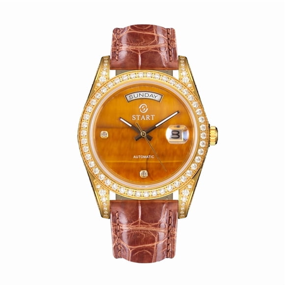 【START】Tiger Eye Stone Men's Watch Swiss Fully Automatic Mechanical Movement Diamond Watch Date Week Function Butterfly Buckle Crocodile skin Strap