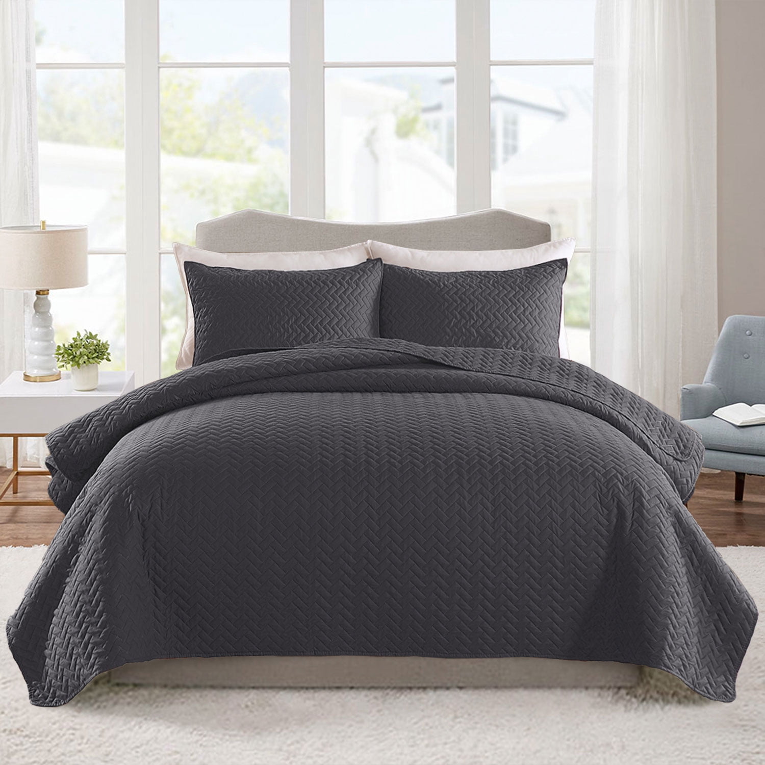 JML Quilt Set Queen Size 3 Piece, Soft Microfiber Coverlet Set With 2 Shams,Dark Grey