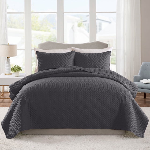 JML Quilt Set 3 Piece Microfiber Coverlet Shams Set, Soft Lightweight King, Dark Grey