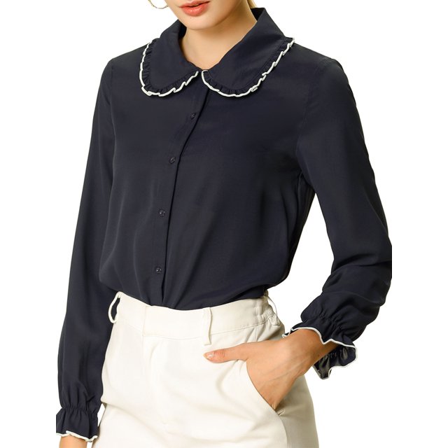 INSPIRE CHIC Women's Sweet Ruffle Peter Pan Collar Button Up Work Shirts