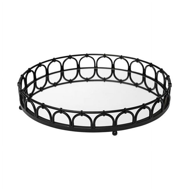 HomeRoots 376052 20 Po Métal Noir Mat avec Garde-Corps Complexes et Plateau Rond en Verre Miroir
