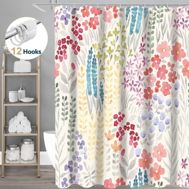 Dznils Boho Colorful Floral Fabric Shower Curtain, Watercolor Pattern with Hooks, 72" x 72", Beige