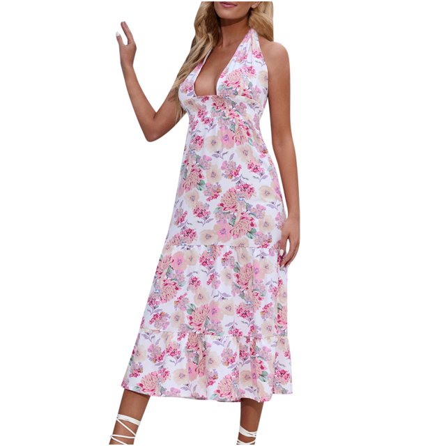 Pompotops Mode Femme Décontractée Imprimée Ample Aguichant Col en V Dos Nu Sans Manches Longue Robe
