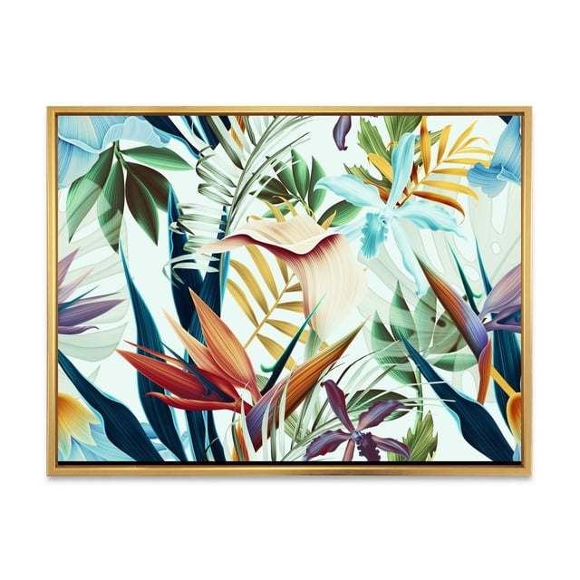 Designart Fleurs Tropicales VIntage I Cadre Flottant ART Mural Montrant une Vue avant Centrée d'Une Impression sur Toile Enveloppée de Style Galerie avec des Motifs Floraux Tropicaux et de Feuilles dans des Tons Bleu, Vert, orange, Jaune et Violet sur un Fond Clair. l'Impression Est Étirée sur un sous-Cadre en Bois de 1 Po et Enfermée dans un Cadre Flottant en Bois Clair, Arrivant Prête à Accrocher comme ART Mural Ou Impression sur Toile. Elle Convient Aussi pour Ajouter une Touche Botanique Vibrante au décor de la Maison Ou du Bureau