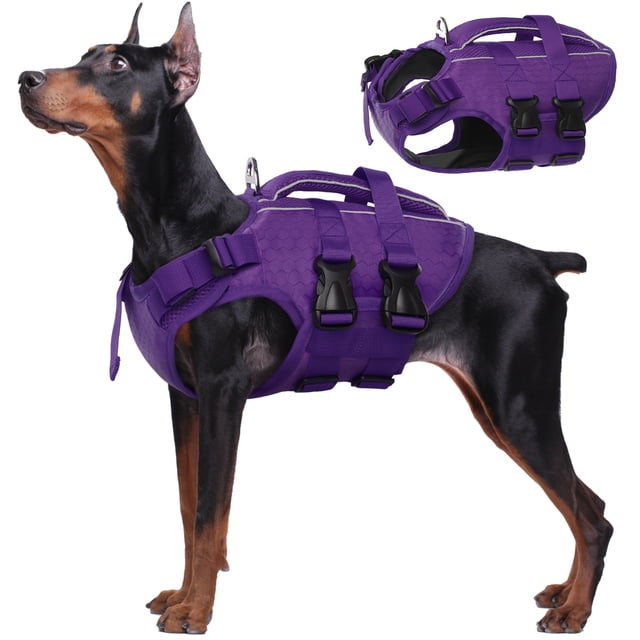 Kuoser Dog Life Jacket, Reflective and Adjustable Dog Life Vest for Small Medium Large Dogs, shown in purple, size L. Features durable ripstop oxford cloth, high-density pearl cotton foam for flotation, adjustable neck buckle, and reflective bands for visibility. Includes a rescue handle and D-ring leash hook for safety and convenience.