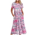 thumbnail image 1 of Weiqiqre Robe Midi Trapèze à Manches Courtes d'Été pour Femme, Décontractée, à Fleurs, Style T-Shirt, Fluide, de Plage, avec Poches, 1 of 5