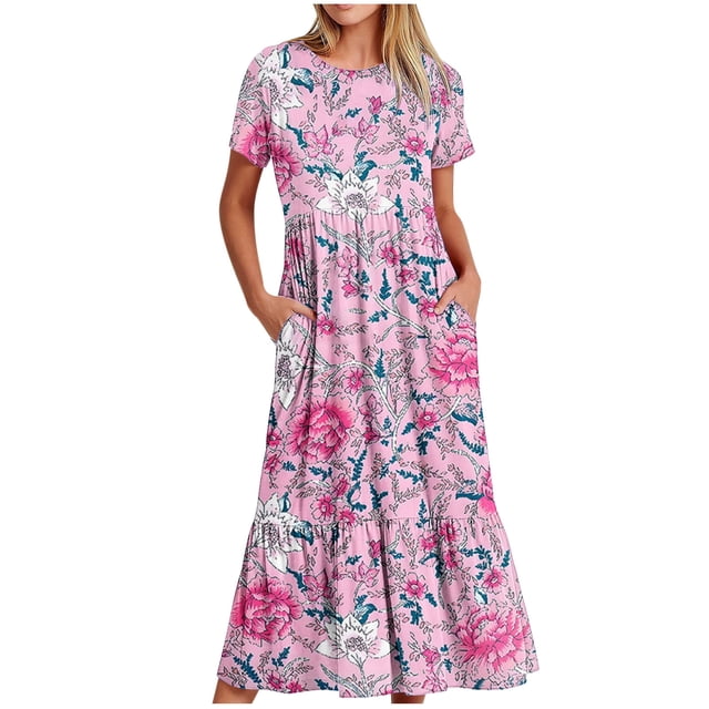 Weiqiqre Robe Midi Trapèze à Manches Courtes d'Été pour Femme, Décontractée, à Fleurs, Style T-Shirt, Fluide, de Plage, avec Poches