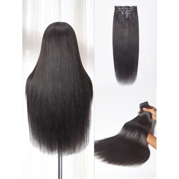 LUVME Yaki Straight Clip in Hair Extensions Real Human Hair For Women 100% Unprocessed Brazilian Virgin Hair clip ins Natural Black Hair Extensions 135g 9pcs 16 Inch
