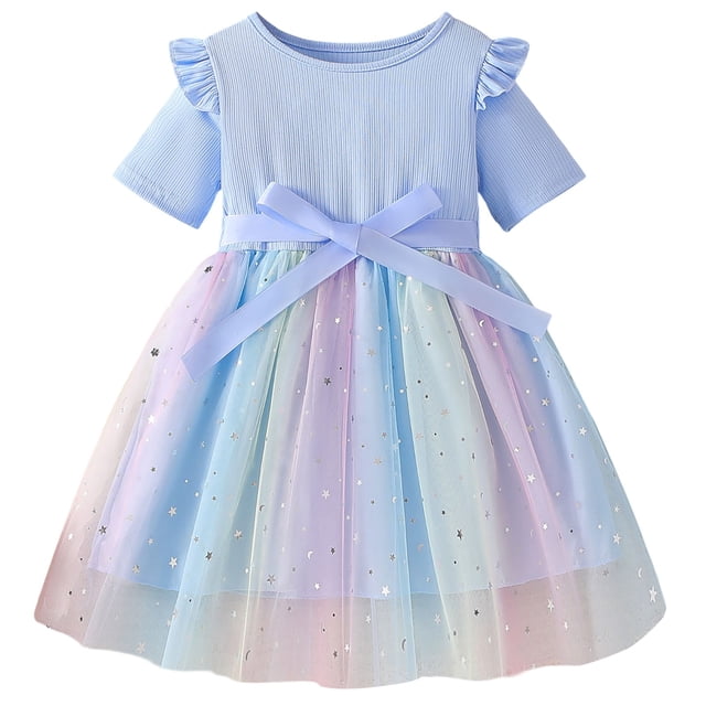 MIASHUI Robe Tutu en Tulle pour Bébé Fille, Tout-Petit, à Volants, Manches Courtes, Fleur, Princesse, Robe d'Été de Fête, Bleu Clair, 5-6 Ans