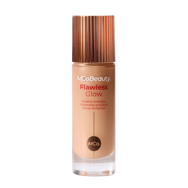 MCoBeauty Flawless Glow Luminous Skin Filter 4-in-1 Foundation in 3.5 Light/Medium shade, in a clear glass bottle with a ribbed rose gold cap, a multi-tasking formula that smooths, illuminates, and blurs skin imperfections for a radiant, dewy finish, ideal for use alone, under makeup, mixed with foundation, or as a highlighter.