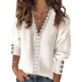 thumbnail image 2 of WUANDIXFA Women Fall Sweaters Women Solid Color V Neck Lace Stitching Buttons Long Sleeves Sweater White,L, 2 of 5