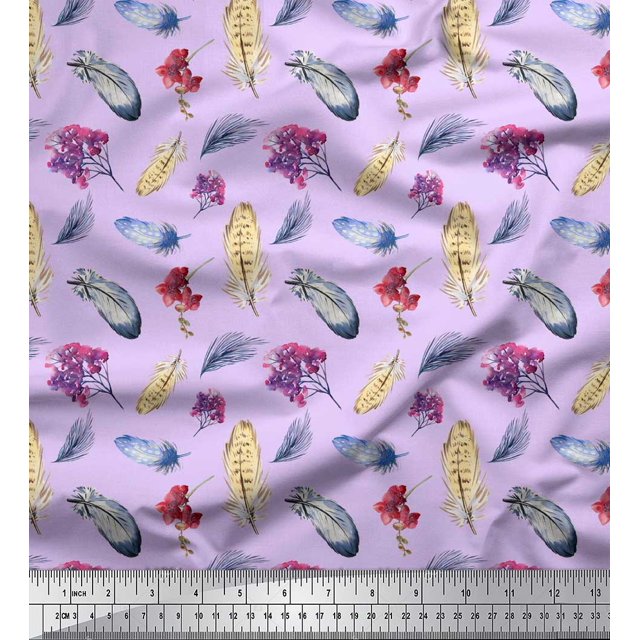 Soimoi Purple Rayon Fabric Feather & Floral Decor Fabric Printed Yard 42 Inch Wide