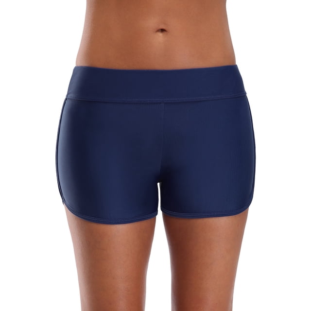 Charmo Women Swimsuit Bottom Tummy Control Swimming Shorts Solid Swim Trunks in a solid navy color. These mid-rise swim shorts feature an elastic waistband, side split design, and flat-lock seams for comfort and durability. Made from stretchy, quick-dry fabric with a built-in soft lining for non see-through coverage. Suitable for swimming, running, biking, and other water or fitness activities.
