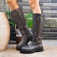 thumbnail image 3 of Fall Mid Calf Combat Boots for Women 2025 Buckles Studded Leather Platform Chunky Cowboy Riding Tall Boots, 3 of 7