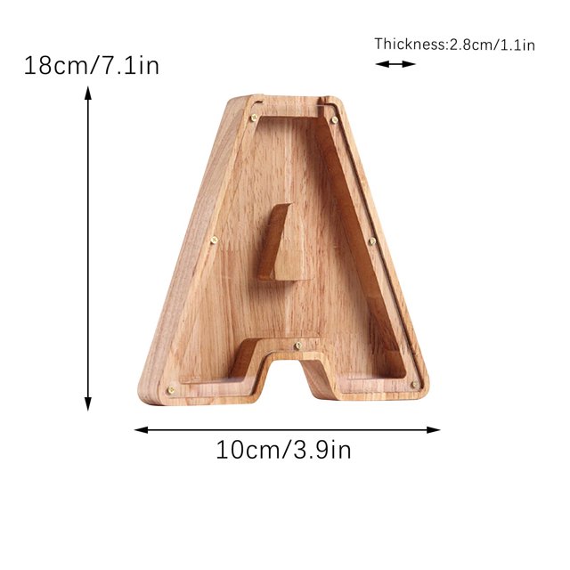 Agiferg Personalized Wooden Name Money Box shaped like the letter 'A,' crafted from natural wood with a smooth finish. This piggy bank features a transparent acrylic cover for viewing savings and measures 18cm/7.1in in height, 10cm/3.9in in width, and 2.8cm/1.1in in thickness. Ideal for teaching kids about saving money and as a decorative piece for shelves or bookcases.