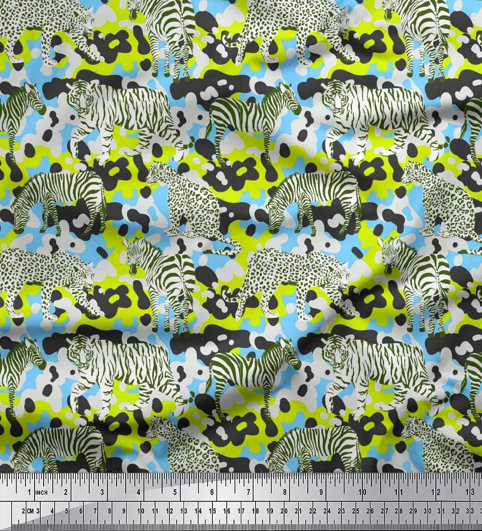 Soimoi Blue Cotton Duck Fabric Tiger,Leopard & Wild Animal Decor Fabric Printed BTY 42 Inch Wide