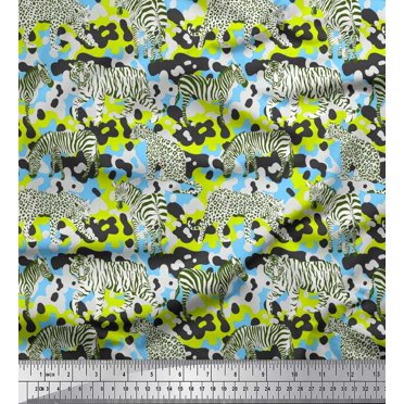 Soimoi Blue Satin Silk Fabric Tiger,Leopard & Wild Animal Print Fabric by The Yard 42 Inch Wide