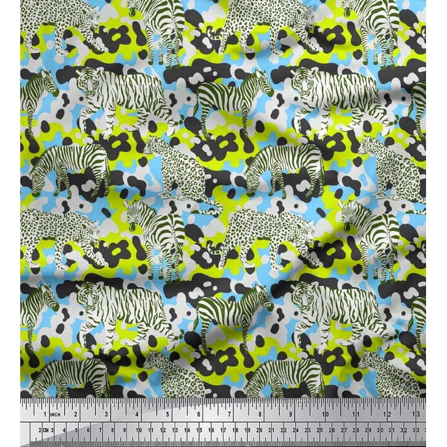 Soimoi Blue Moss Georgette Fabric Tiger,Leopard & Wild Animal Print Sewing Fabric BTY 42 Inch Wide