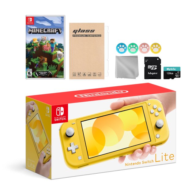 Nintendo Switch Lite Yellow with Minecraft, Mytrix 128GB MicroSD Card and Accessories NS Game Disc Bundle Best Holiday Gift