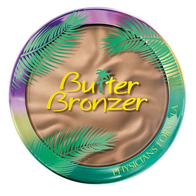 Physicians Formula Murumuru Butter Butter Bronzer powder in a round compact with a gradient purple, green, and yellow rim decorated with green palm leaves and yellow text. The creamy bronzer offers a smooth texture and radiant finish ideal for a natural glow.