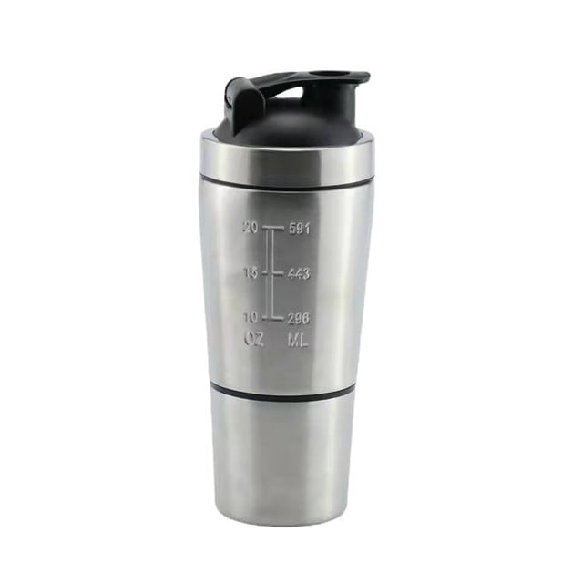Shaker Bottle with Storage for Powder, stainless steel shaker bottle with BPA-free black lid, wire whisk, and exterior measurement scales. Features a storage compartment for protein powder, snacks, or pills. Suitable for beverage storage, protein shakes, smoothies, or coffee, ideal for gym, office, or outdoor use.